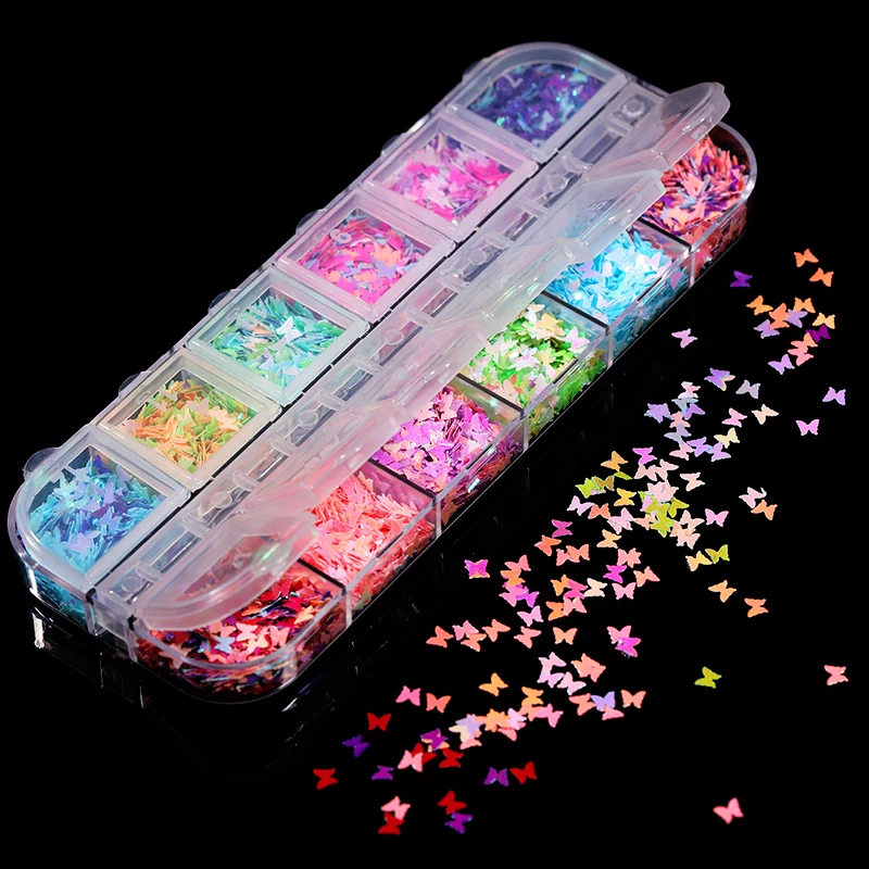 12 ячеек кленовый лист флуоресцентная Бабочка Дизайн ногтей блестящие хлопья