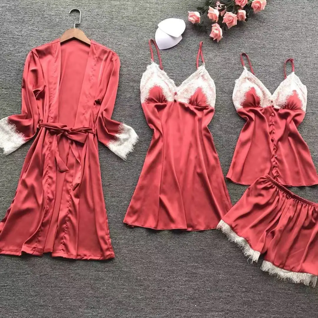 

Pajamas for Women Spring/Summer Sexy Four-Piece Set Nightwear Korean Sling with Chest Pad Thin Satin Lace Stitching Homewear