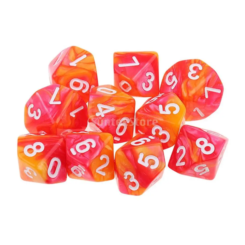 Orange Red 10 шт. 10 сторонние D10 цветные многогранные кости двухцветные кости для подземелий и драконов РГП MTG настольные игры Аксессуары для настольной игры - Цвет: Orange Red