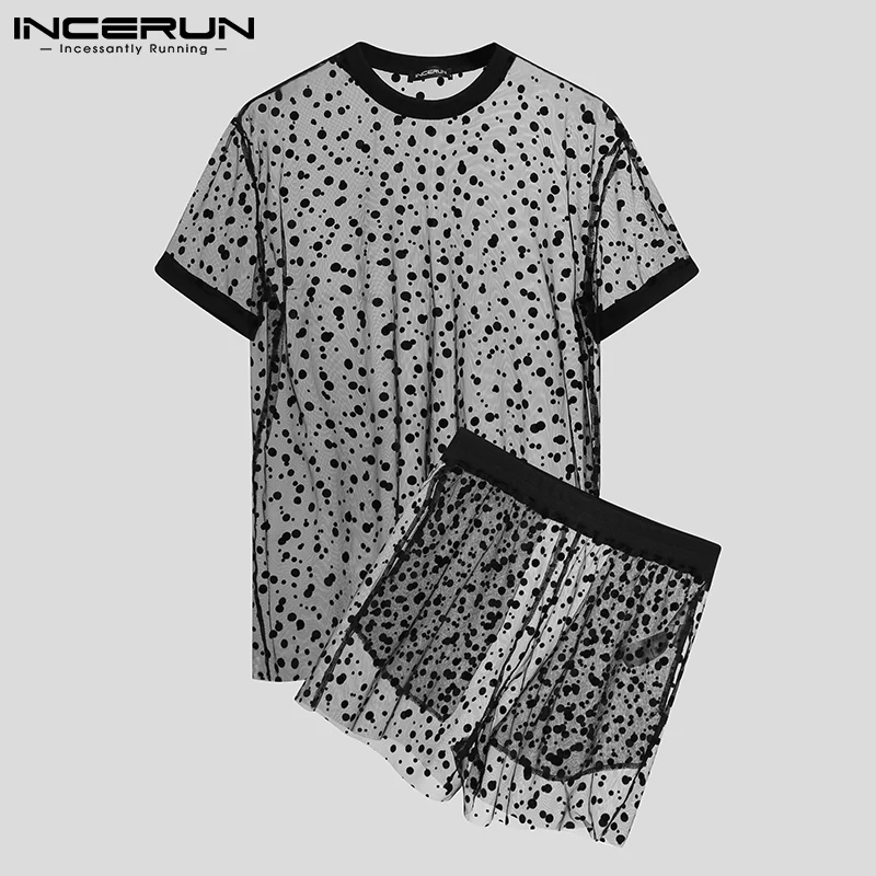 

INCERUN Men Sets Mesh See Through Polka Dot Print 2021 Streetwear Sexy Short Sleeve T Shirt & Shorts 2 Pieces Homewear Men Suits