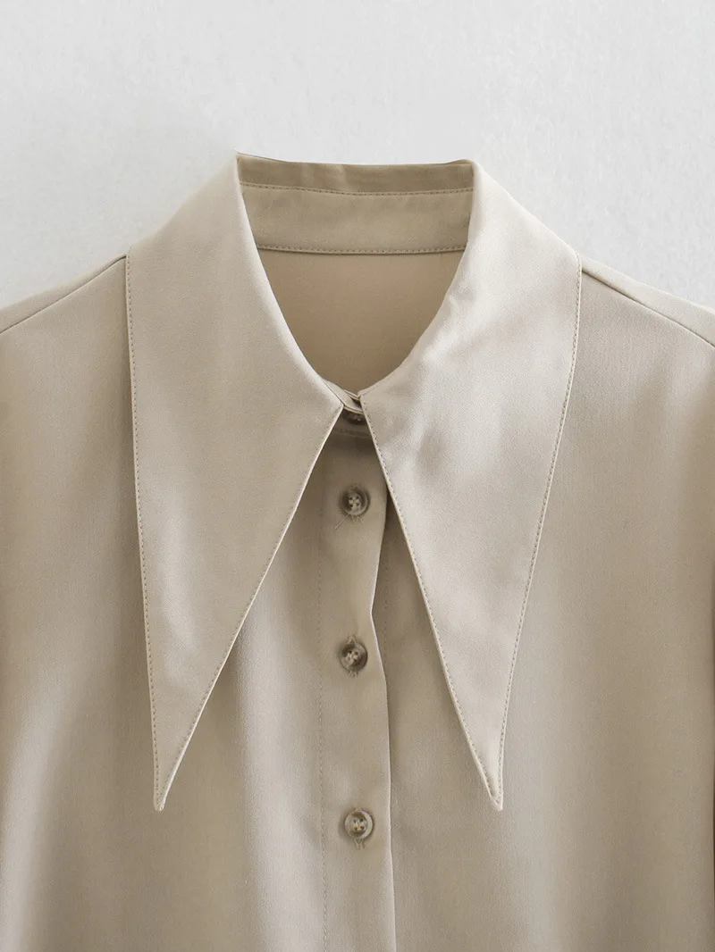 

2021 Spring Autumn Eurpean Style Lapel lantern Sleeve Blouse Fashion Slim Sashes Thin Beige Shirt Elegant Office Work Chic Top