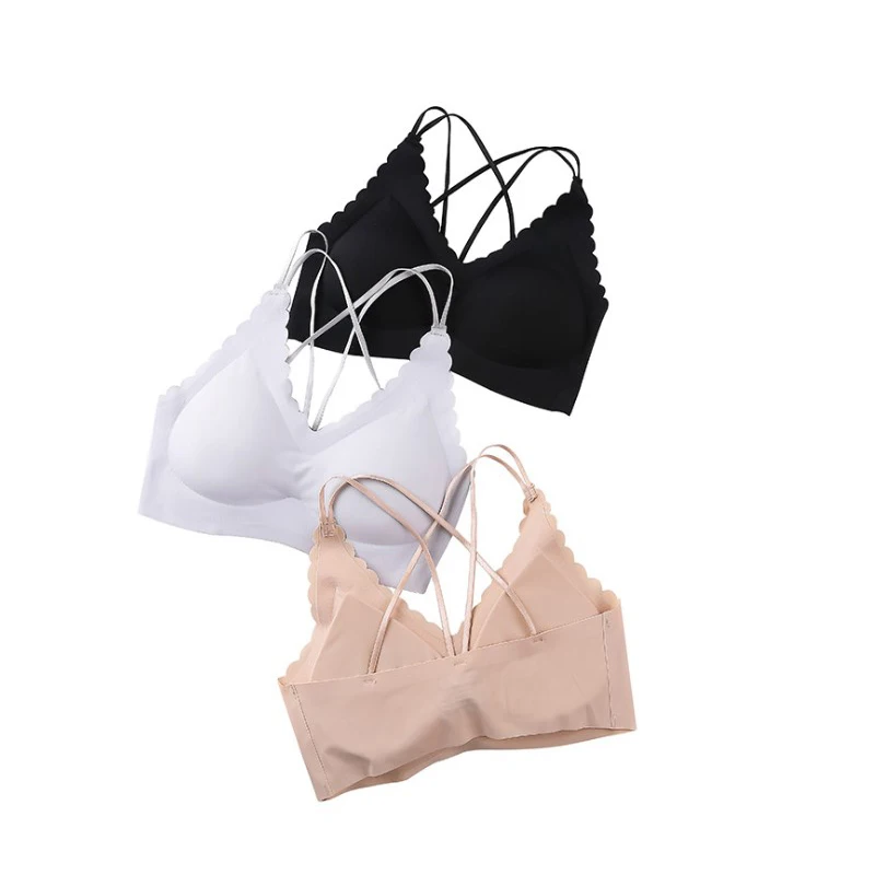 

Fashion Women's Sports Bra Padded Removable Tube Top Seamless Bras Wireless Cross Back Support Strap Yoga Bra Deep V Solid Color