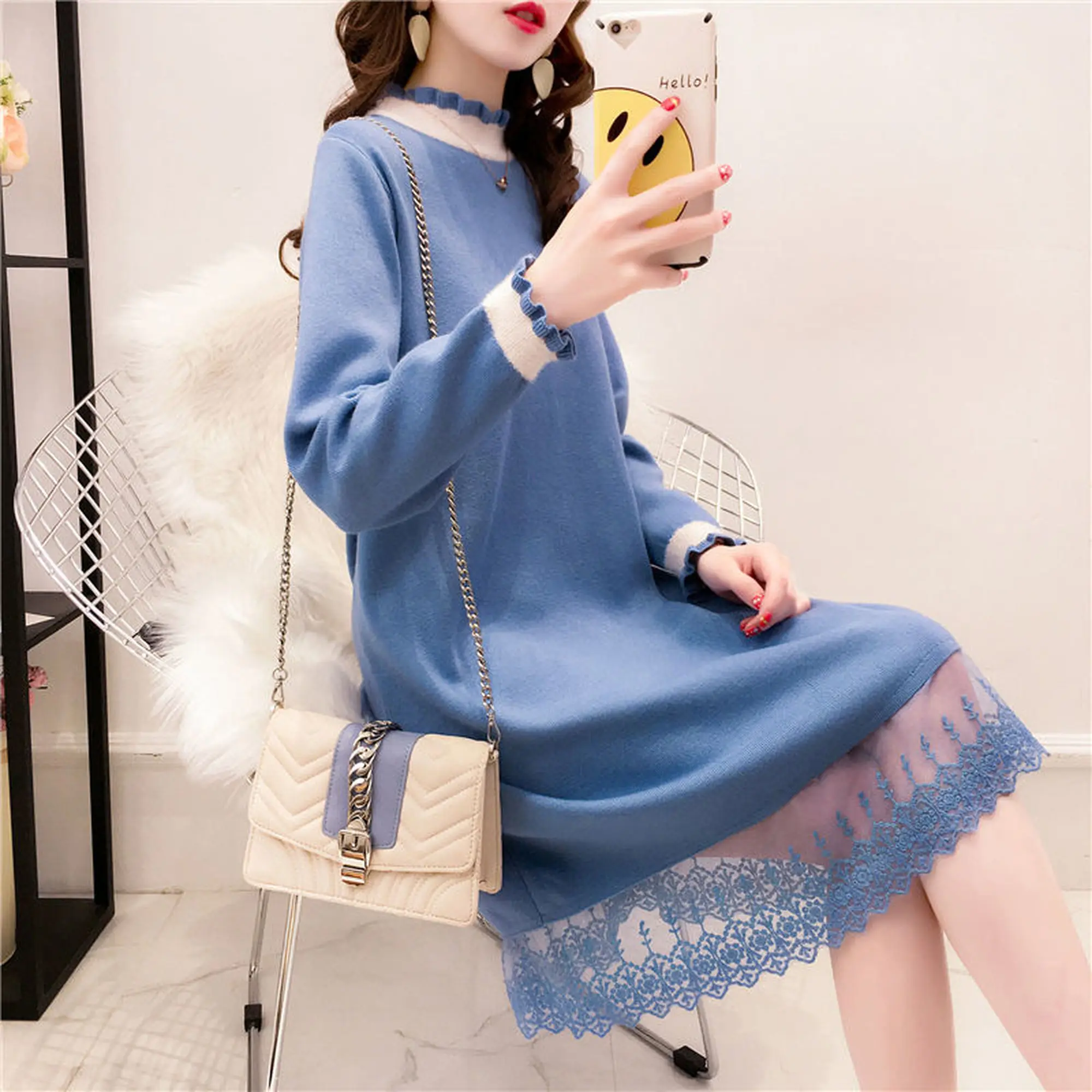 

In autumn the new knitted dress women's lace stitching sweater skirt has a versatile pullover and a long bottom skirt