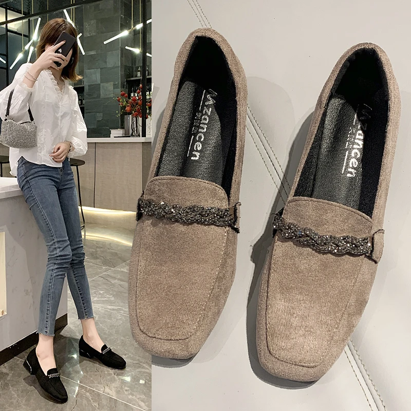 

Shallow Mouth Casual Woman Shoe Elegant Female Footwear Autumn Square Toe Boat New Dress Fall Comfortable Summer Slip-On Flock R