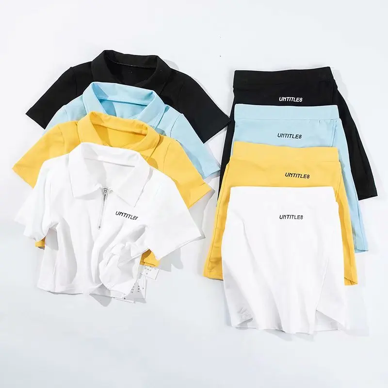 

Women Crop Top Turn Down Collar Tee T shirt + Empire Slim Mini Dress 2 Pieces Set Girls