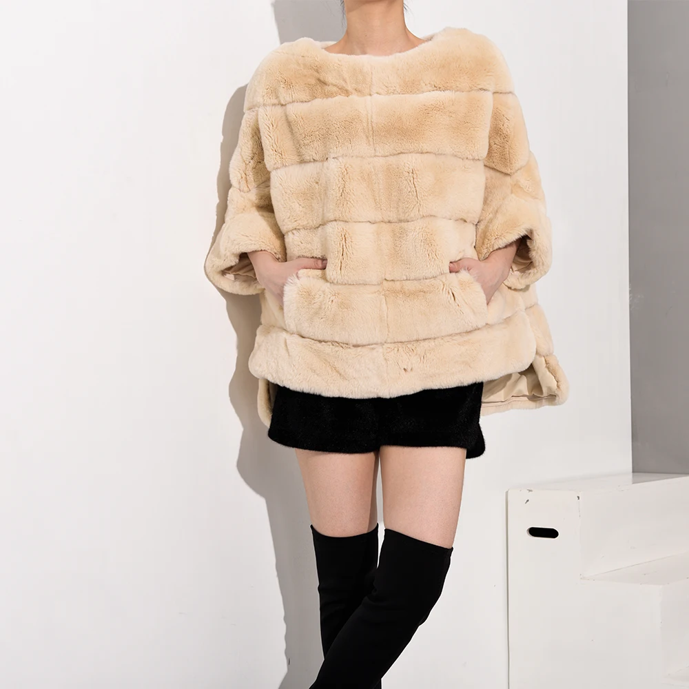 TOPFUR New Beige Coat Women Rex Rabbit Fur Pullover Jacket Natural Rex Rabbit Fur Coats Short Bat Type Leather Jacket Women
