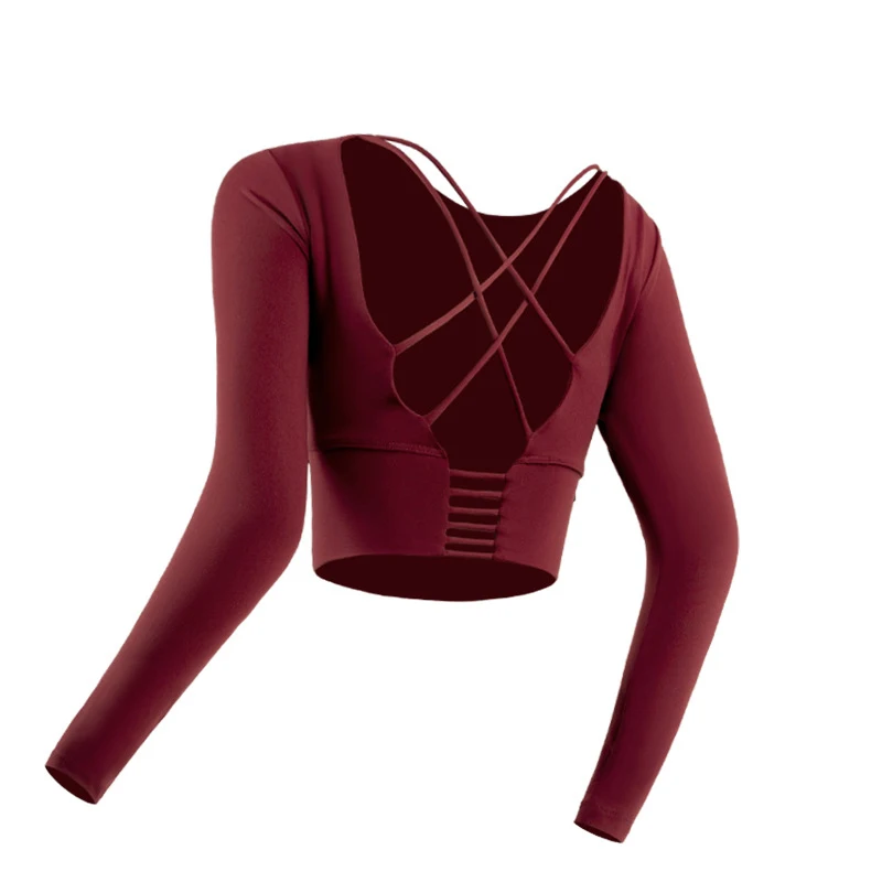 

Newly Women's Padded Sports Top Long Sleeve Strappy Backless Workout Tops with Thumb Hole