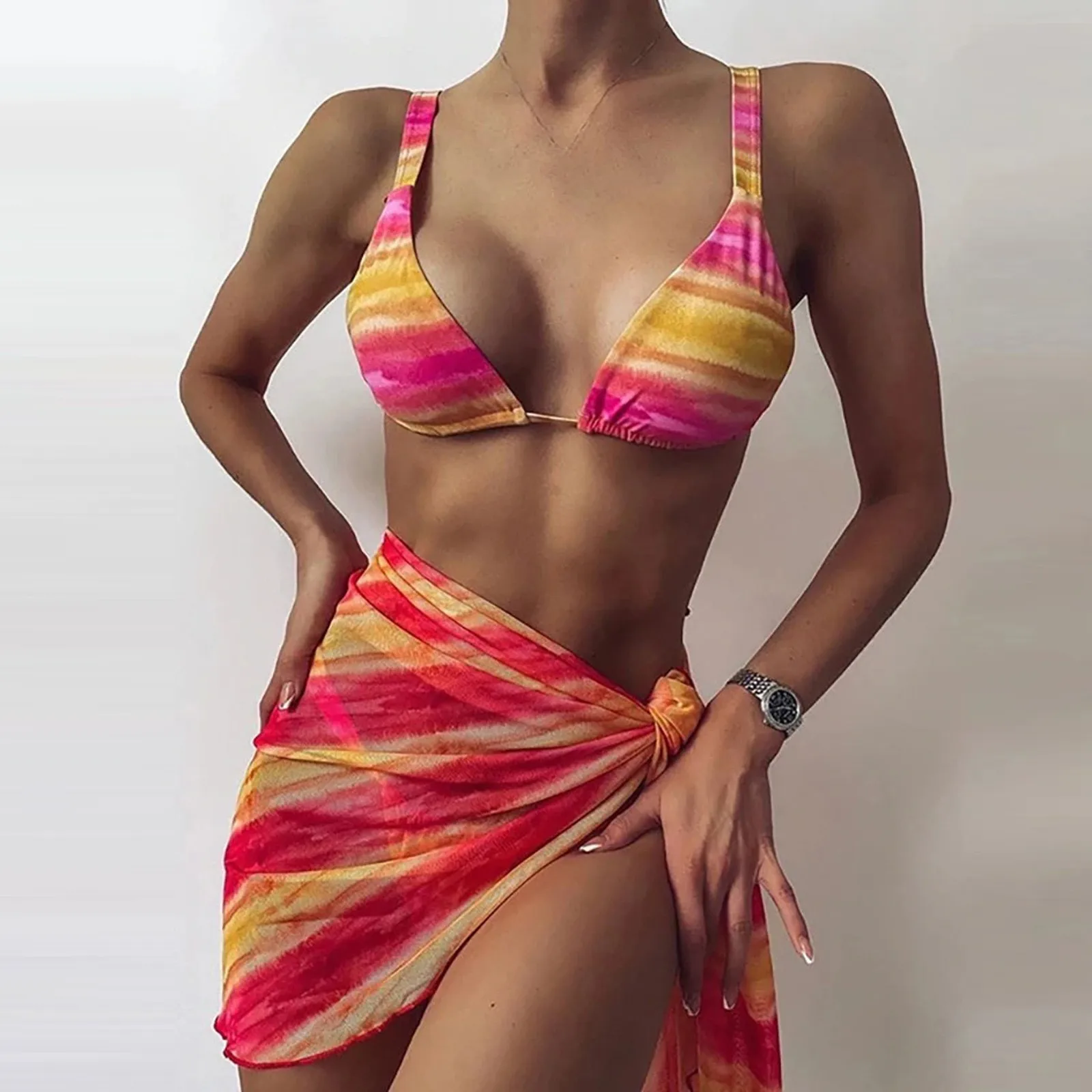 

Fashion Women's Bikini Print Set 2021 New Swimsuit Three Piece Filled Bra Swimwear Beachwear Summer Bathing Suit Women Skirt E2