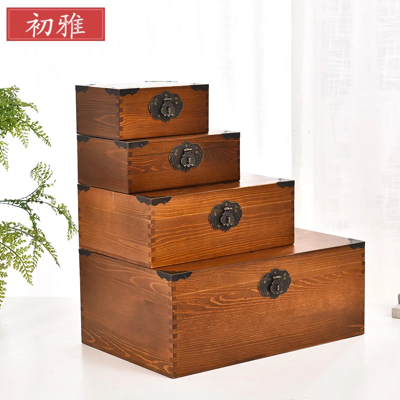 

Creative retro solid wood storage box with lock small wooden box multi function storage box