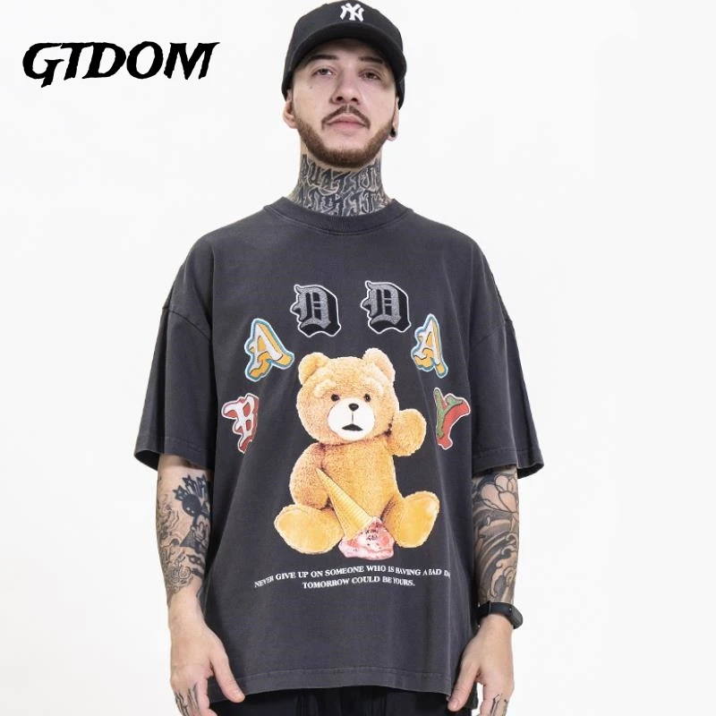 

GTDOM Man Summer 2021 New Loose T-Shirt Cotton Hip Hop Fashion Cartoon Doll Bear Short Sleeve O-Neck Casual Oversize Tees