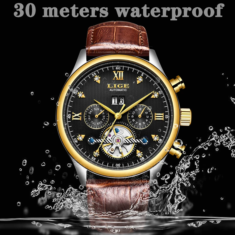 LIGE Брендовые мужские часы автоматические механические часы Tourbillon спортивные часы кожаные повседневные деловые часы в ретро-стиле Relojes Hombre