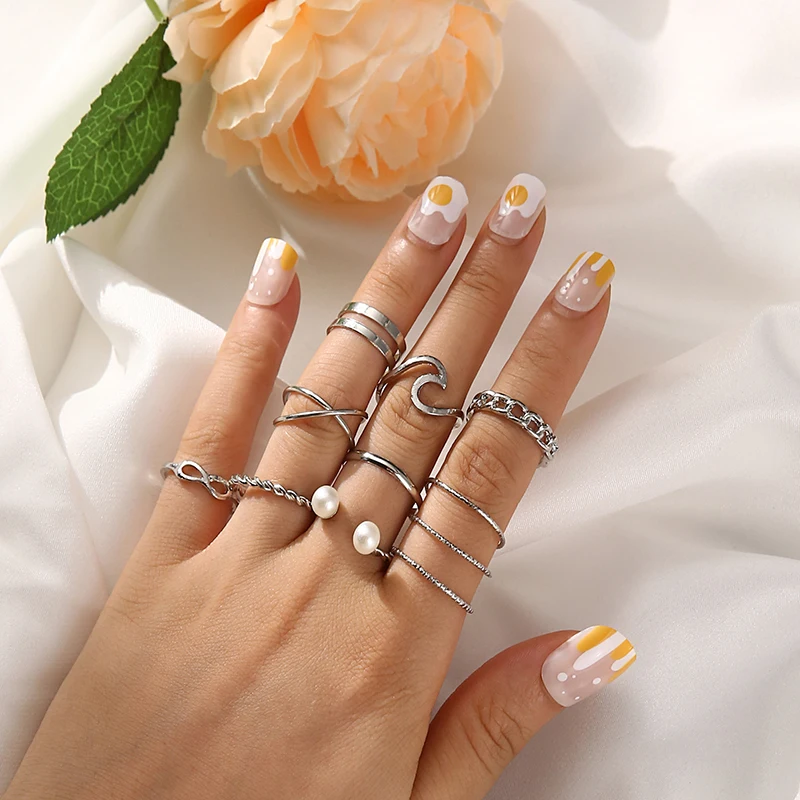 

Multi Layer Pearl Hippie Rings Vintage Silver Color Wave Korean Version Goth Woman Knuckle Ring 2021 Trend Girl Party Jewelry