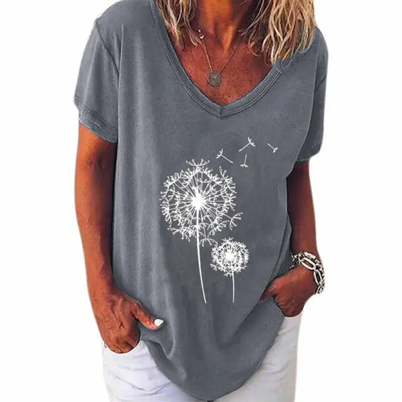 

V-Neck t Shirt Women Tops Casual Short Sleeve T-Shirt Floral Summer Tees t Shirt Loose Top Women Clothing