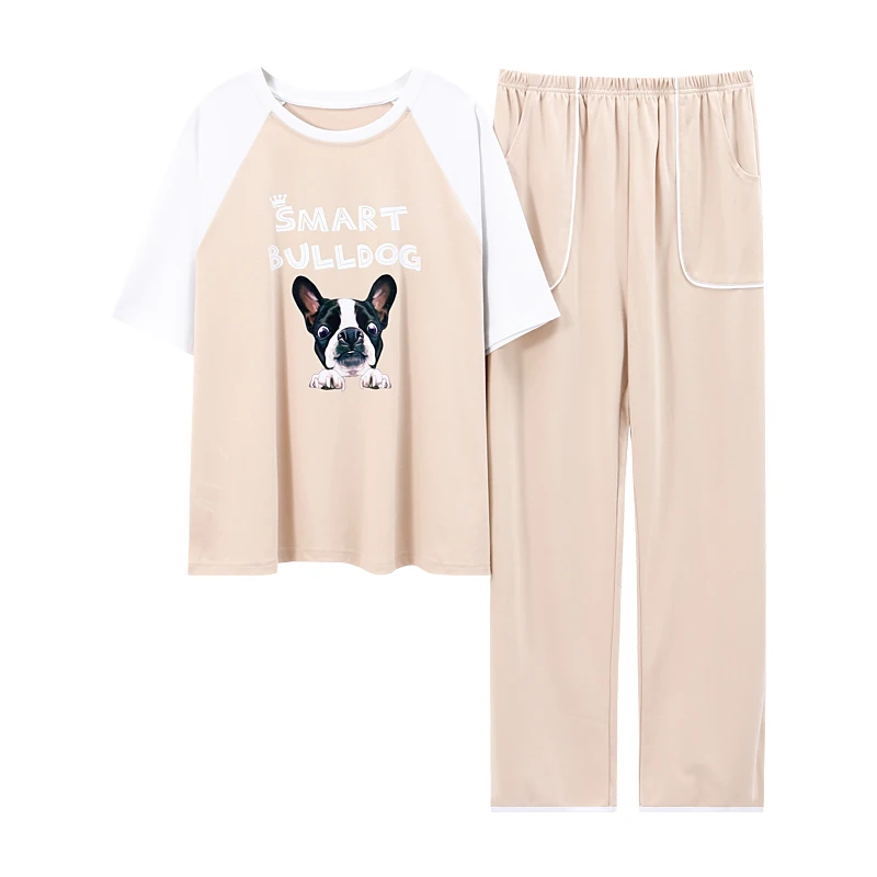 

Plus Size Casual Cotton Short Sleeve Summer Girls Homewear Sleepwear Funny Cartoon Smart Bulldog Printing Cute Women Pajamas Set