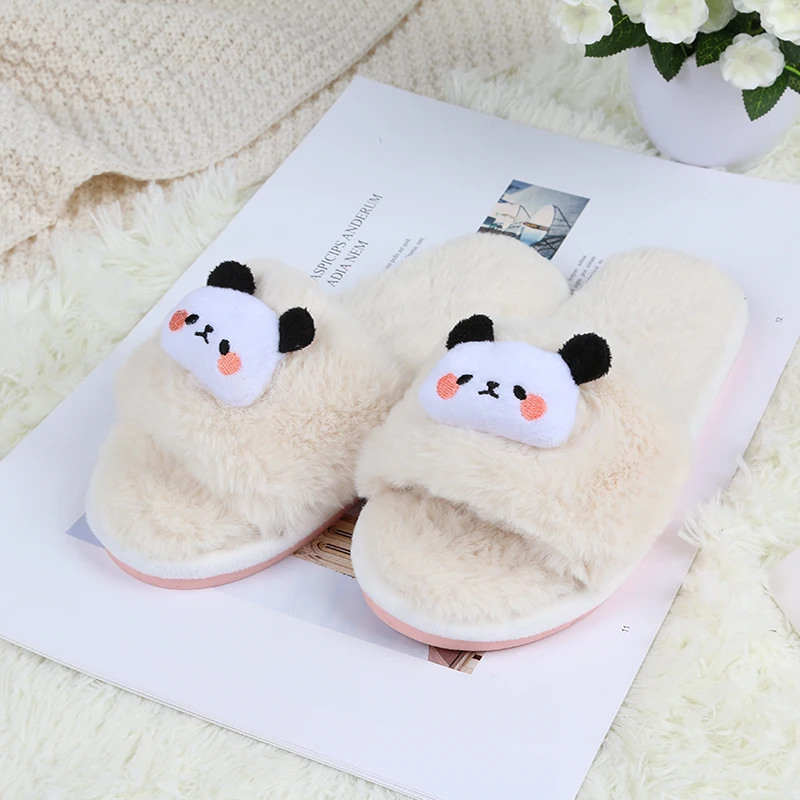 

Ginchasio Women Slippers Faux Fur Fluffy Winter Short Plush Animals Black Color Cartoon Fuzzy Cozy Home Furry Slippers