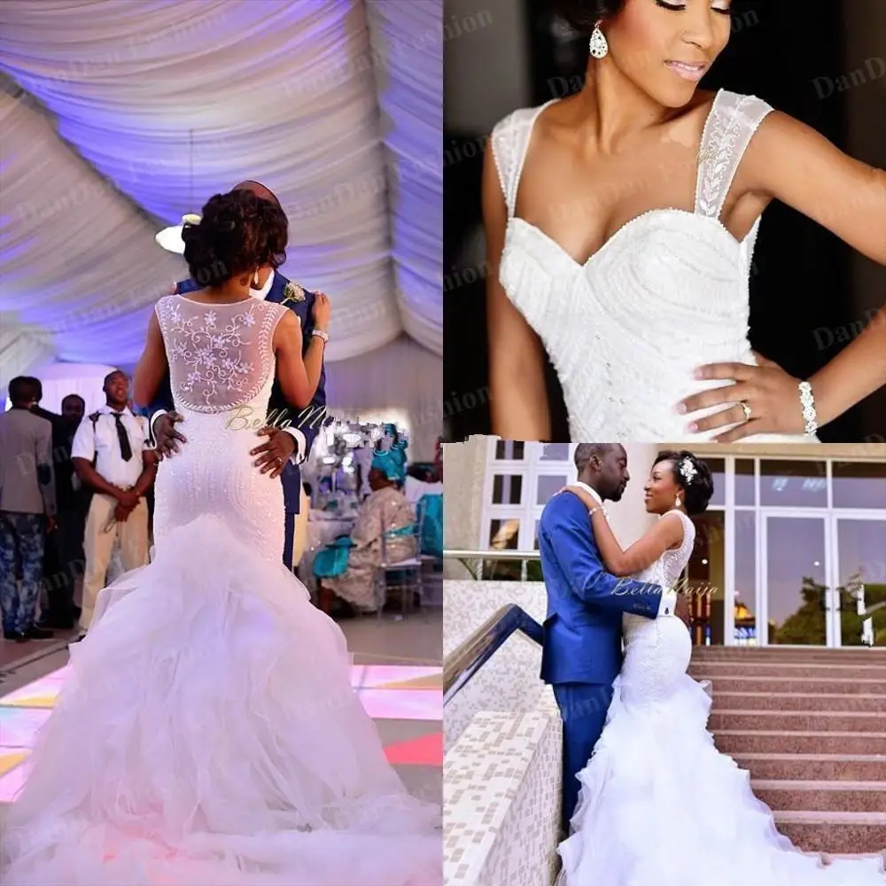 

Nigerian Wedding Dresses Mermaid Beading See Through Spaghetti Strap Chapel Train Cheap Plus Size Bridal Gowns South Africa
