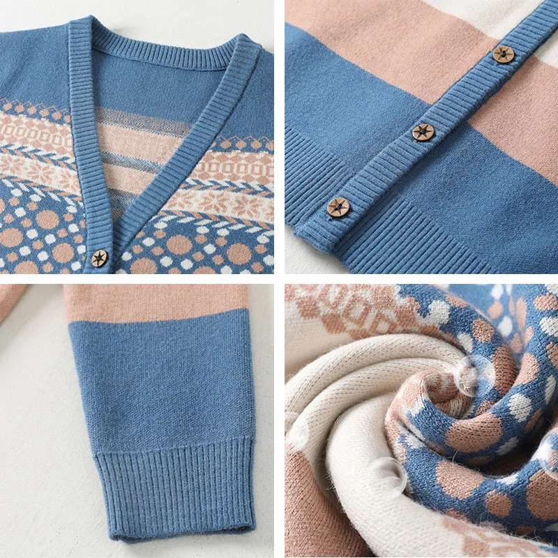 

Fashion Print Knitted Short Cardigan Women Vintage Spring Sweaters Coat Korean Style Contrast Color V-Neck Knitwear Tops Female