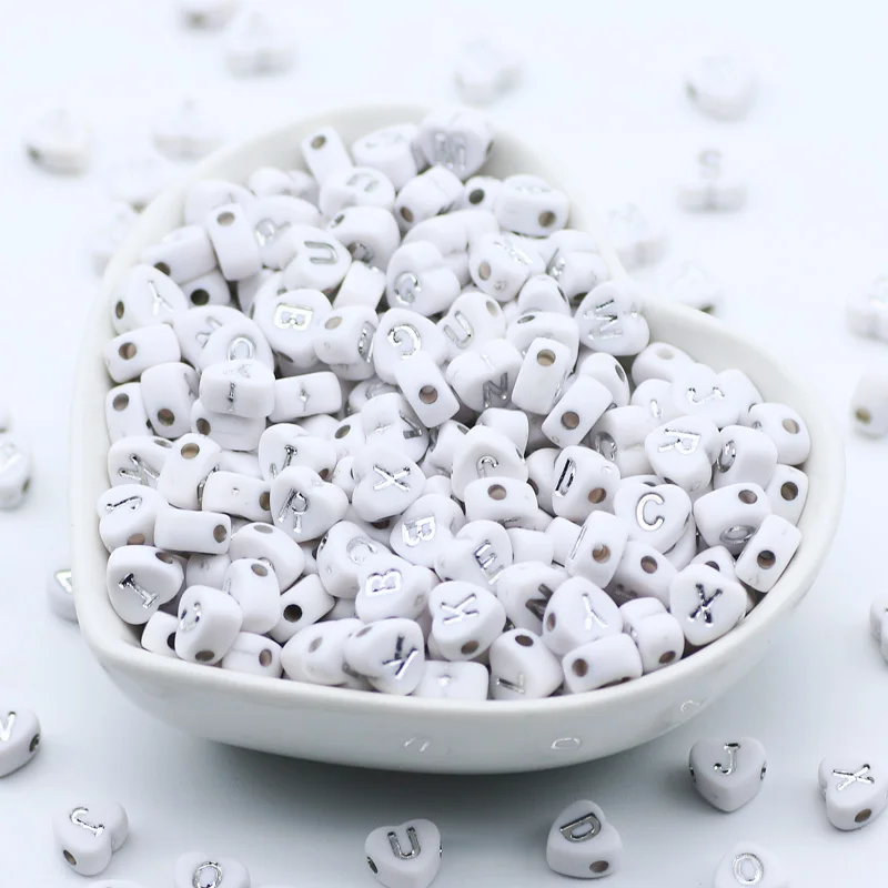 Белое Сердце Любви Серебряный Цвет Буквы Акриловые Бусины Свободные Алфавит Для