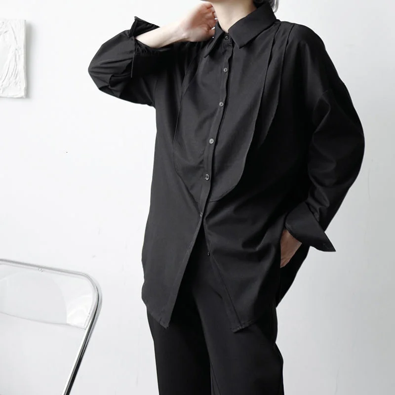 

Мужская рубашка с длинным рукавом, черная однобортная рубашка с воротником с лацканами в Корейском стиле, осень 2021