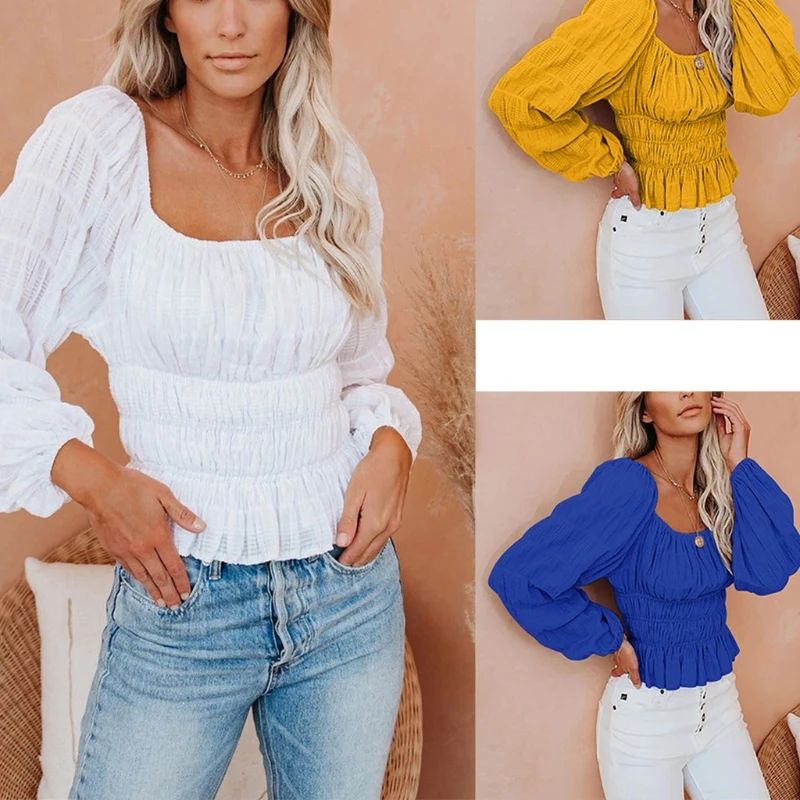 

Women Autumn Casual Blouse Sexy Square Neck Shirred Smocked Tops Lantern Long Sleeve Pleated Ruffles Slim Fit Shirts Streetwear