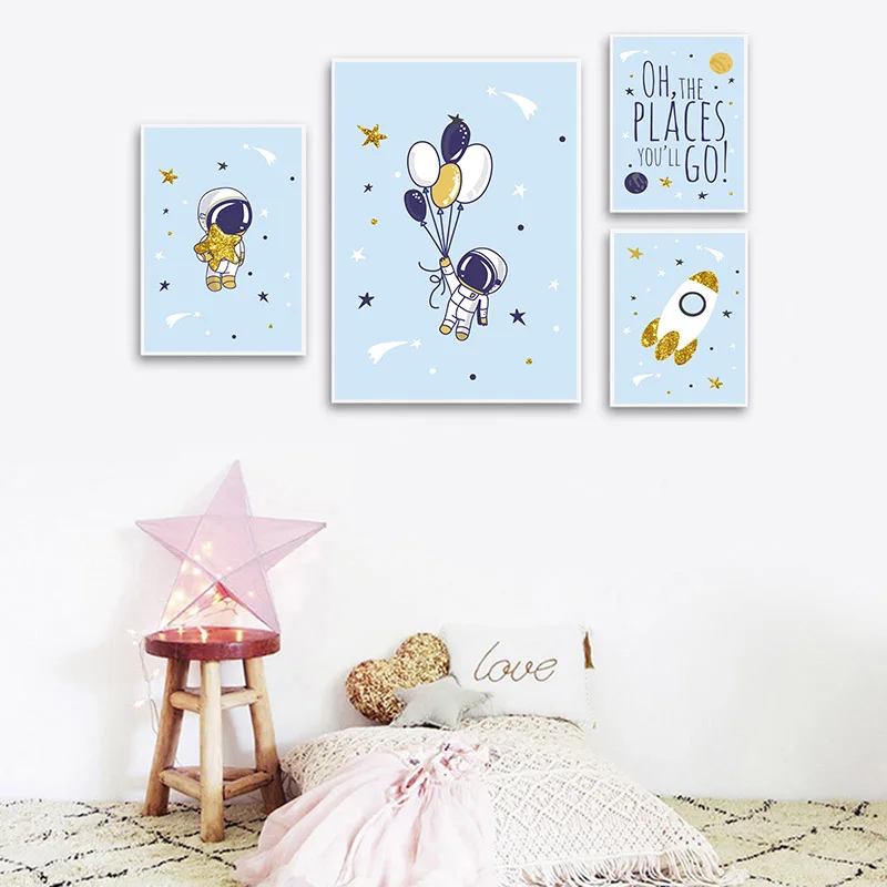 

Astronaut SpaceShip Canvas Poster Nursery Quotes Wall Art Print Cartoon Painting Nordic Kids Baby Room Decor Decoration Pictures