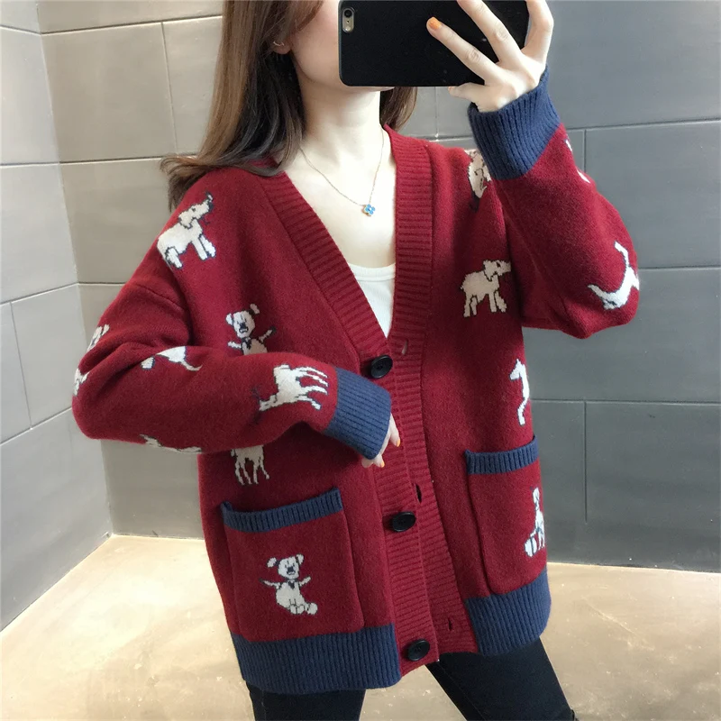 Кардиган вязаный кардиган с V-образным вырезом карманом в виде оленя |