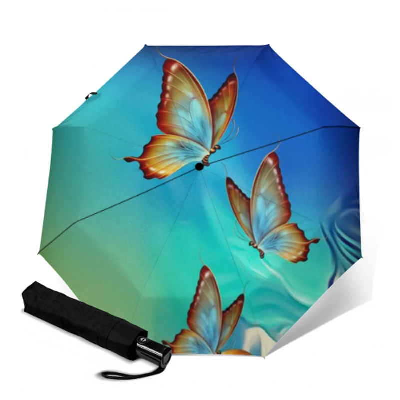 Полностью автоматический зонт с принтом бабочки трехскладной от солнца и для