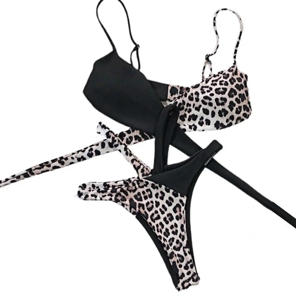 

Leopard Print Padded Two Pieces Cross Band High Waist Swimsuit Bikini Set for Summer