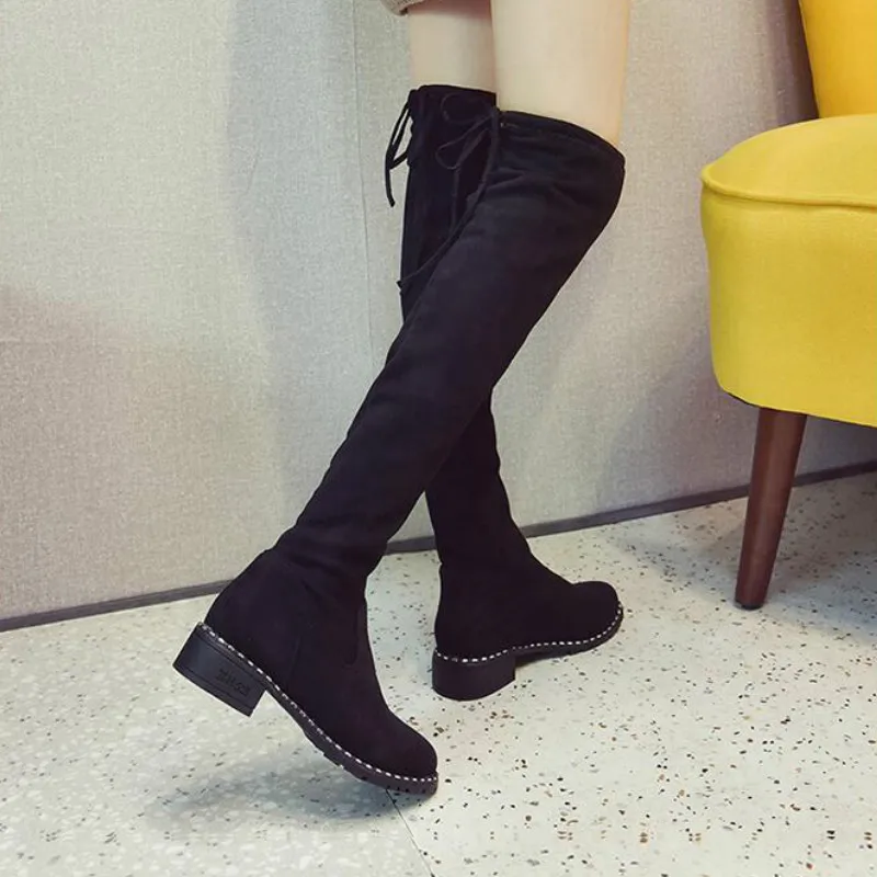 Модные женские повседневные Сапоги выше колена на квадратном каблуке женская