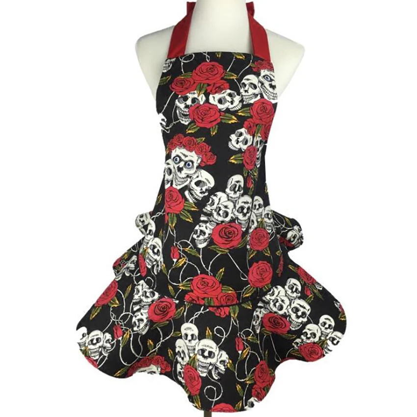 

Retro Fancy Cotton Kitchen Apron with Rose Flowers & Skull Head Pattern, Vintage Baking Cooking Aprons Dress for Women Lady