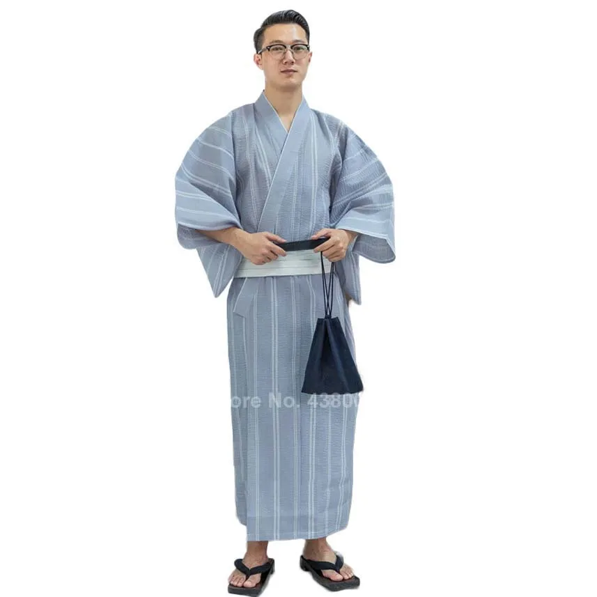 Color1 no belt Традиционный Азиатский японские костюмы Мужские новогодние кимоно Jinbei пижамы Спа сауна тонкая хлопковая юката длинный банный Халат - Цвет: Color1 no belt