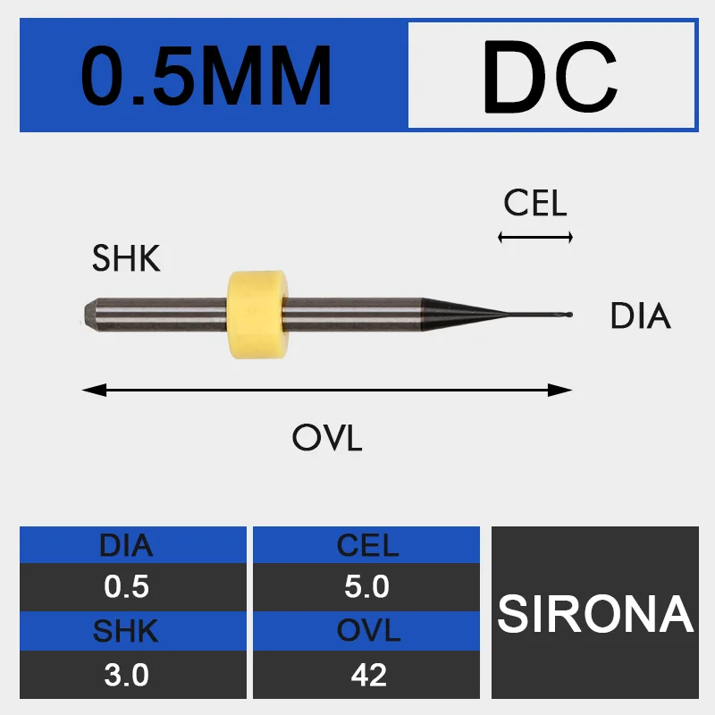 d0.5-D3-42-DC UCHEER 0,5/1,0/2,5 Sirona стоматологические фрезерные Бур с изумрудным покрытием для MCXL 5 Вольфрам твердосплавные фрезы для кройки циркония из оргстекла ПММА и воск - Cutting Edge Length: d0.5-D3-42-DC