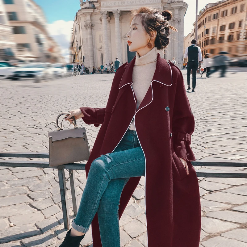 

black double-breasted winter autumn thick new all-match elegant office lady style women's Woolen coat with belt V651