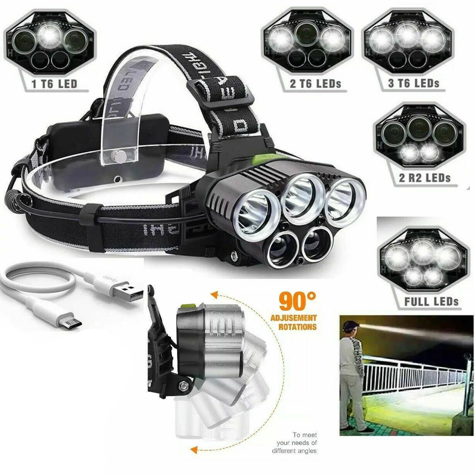 

Lightweight USB Rechargeable 6 Modes Headlamp Head Flashlight for Camping Running Fishing Hiking Kids Climbing