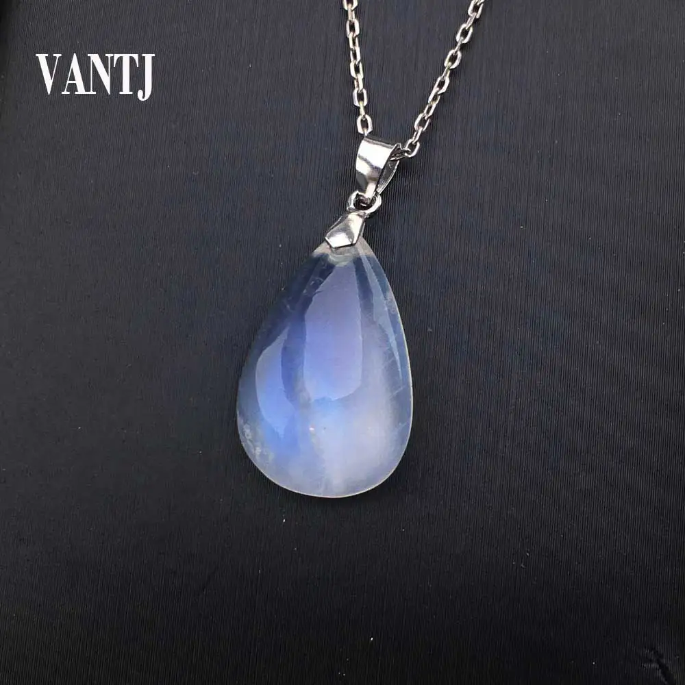 

VANTJ High QualityNatural Moonstone Blue LIght Necklace Pendant Gemstone For Women Men Party Fine Jewelry