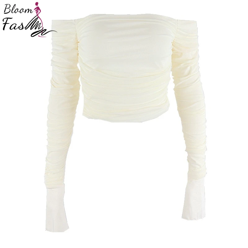 

Sexy Slash Neck Long Sleeve Solid White Color Womens T Shirt Mesh Yarn Flare Sleeve Crop Tops Slim Off Shoulder Fairy Style Wear