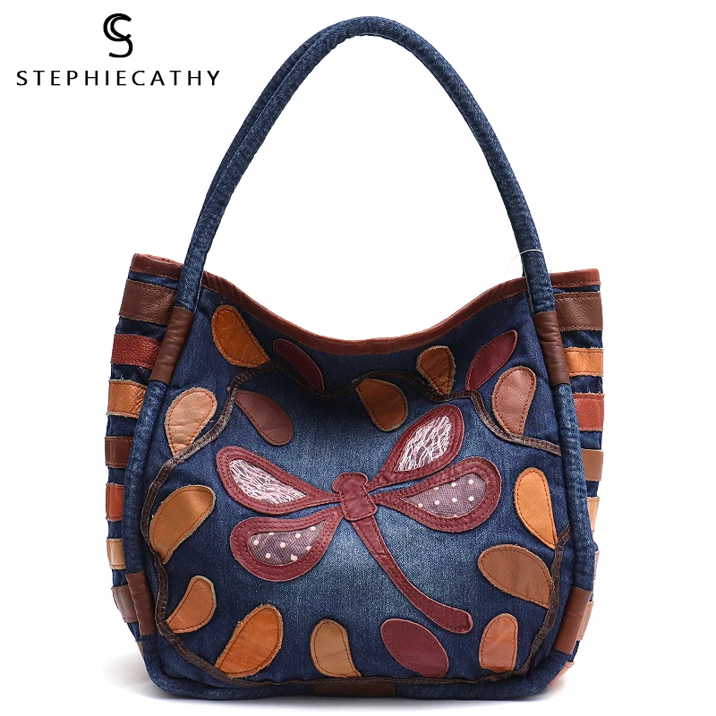 SC новый дизайн роскошная Джинсовая и кожаная Лоскутная Женская Сумка-тоут