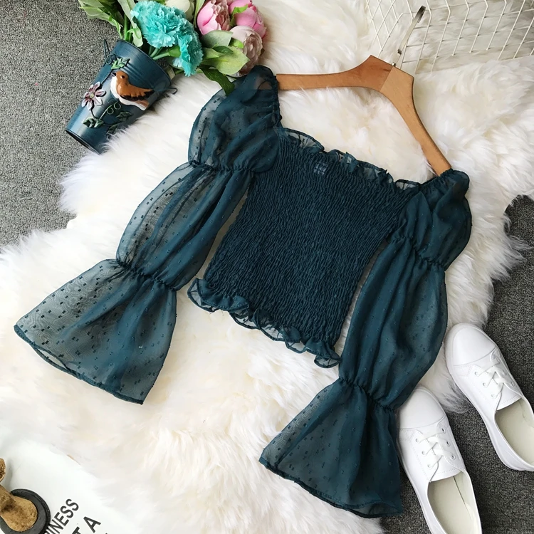 2019 летняя модная женская сексуальная тонкая однотонная блузка с расклешенными