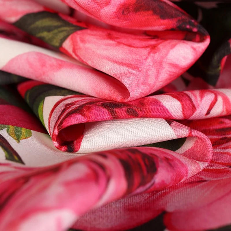 

108CM Wide 30MM Huge Pink Rose Print Heavy Silk Crepe Fabric for Summer Floral Dress Pants Suit E1354