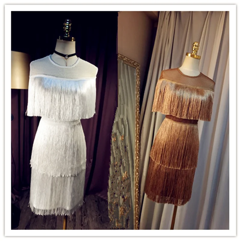 Женское Клубное платье с бахромой золотистое черное облегающее коротким рукавом