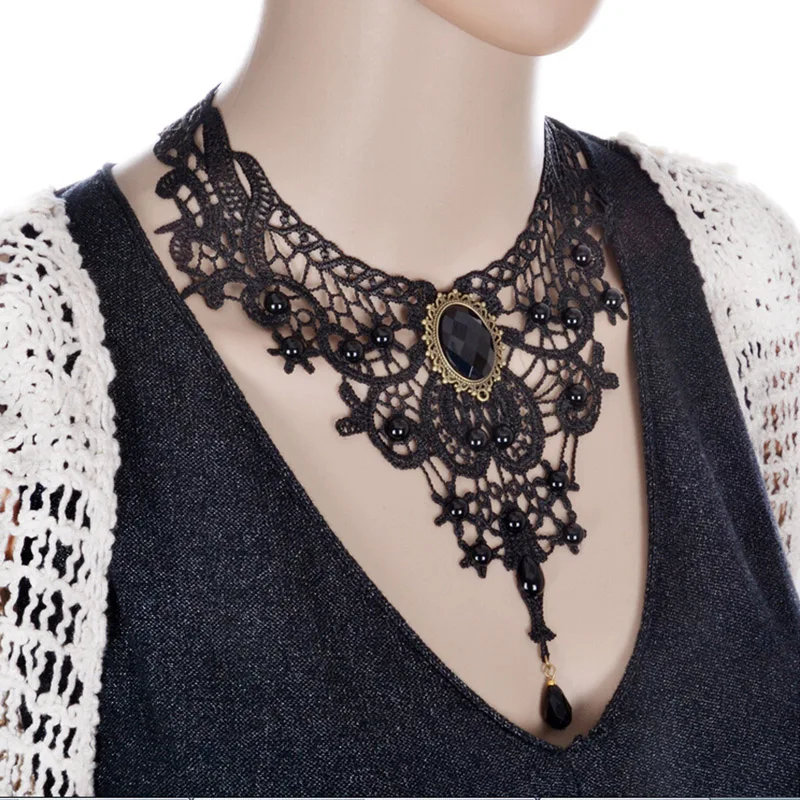 

Chocker Jewelry Gem Decoration Women Gothic Punk Style Black Lace Beads Choker Collar Necklace
