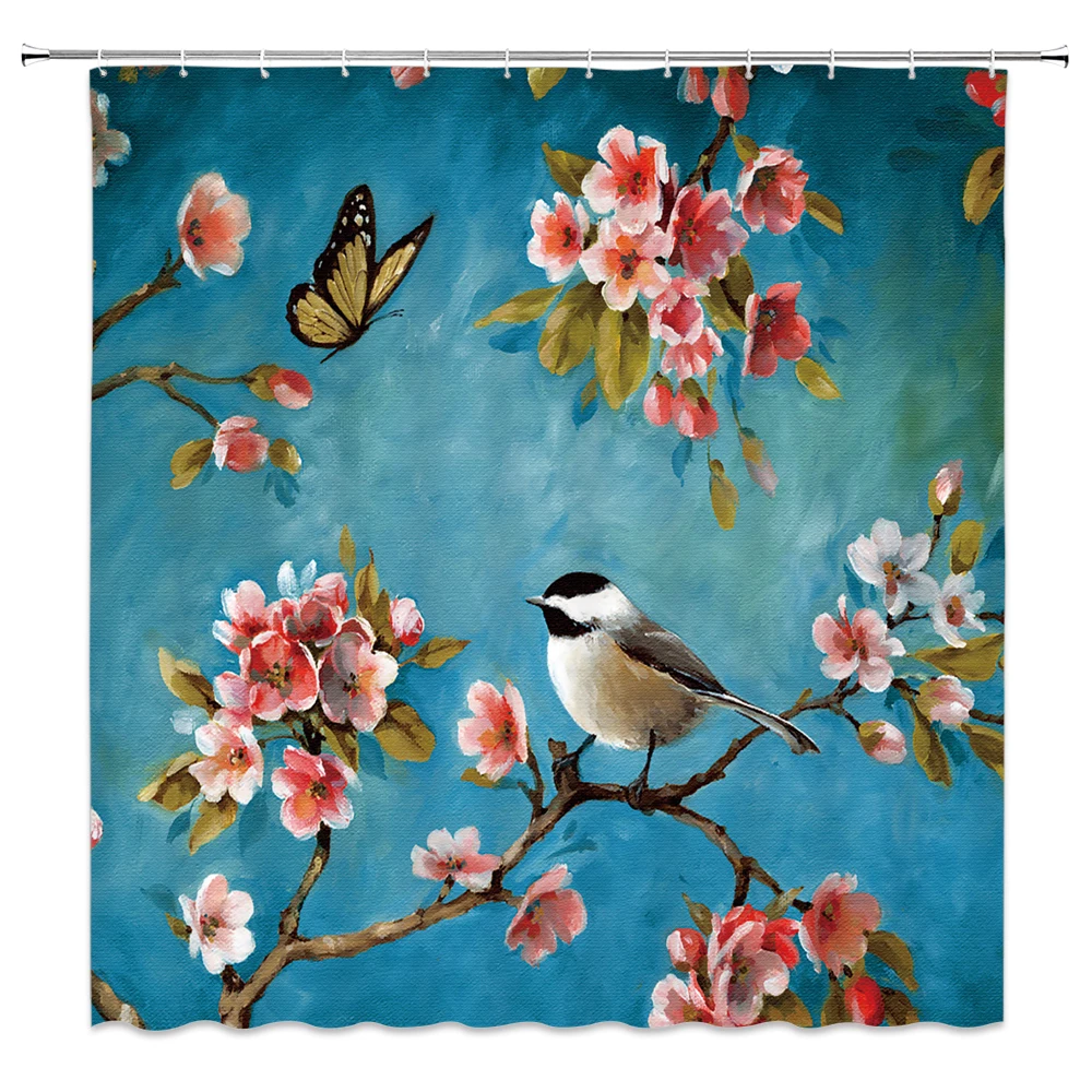 

Chinese Birds Gradient Shower Curtains for Bathroom Magpies and Plants Green Waterproof Fabric Polyester Bath Decor 180 x 180cm