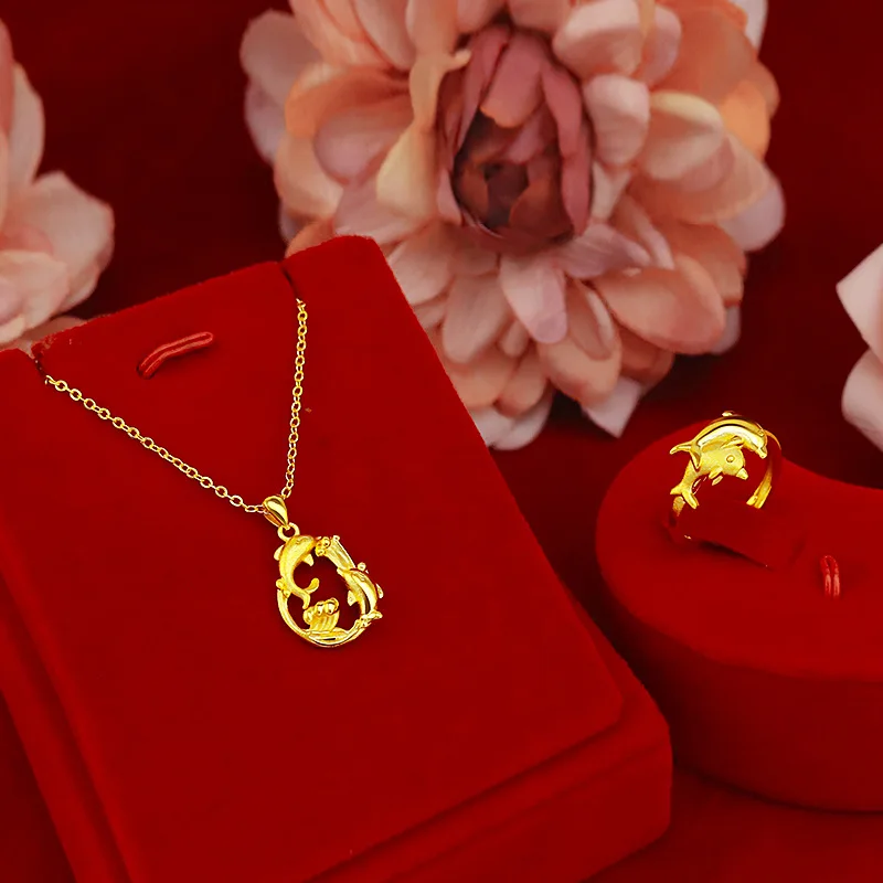 

KOREAN REAL 14K GOLD JEWELRY SET PENDANT NECKLACE FOR WOMEN LOVELY DOLPHIN RING JEWELRY CHAIN NECKLACE CHOKER BIRTHDAY GIFTS