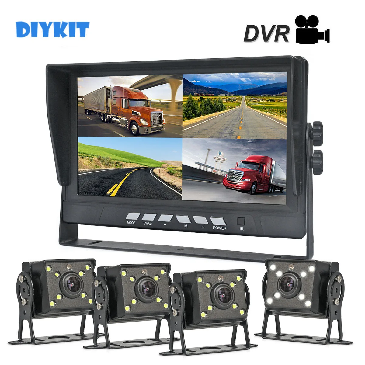 

DIYKIT 9" AHD Split QUAD Car HD Monitor 1280*720P AHD Night Vision Rear View LED Camera Waterproof with Video Recording