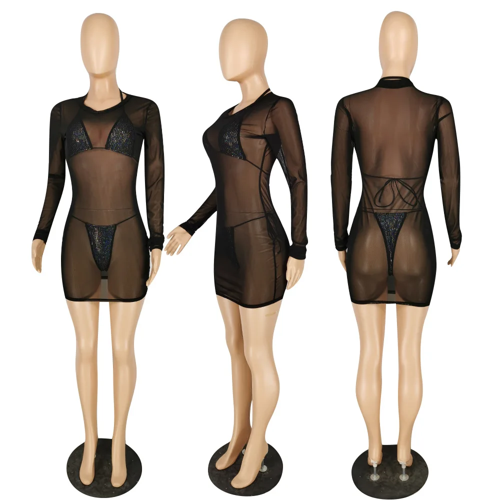 

Luxurious Diamond 3 pcs Set Bikini Set Sheer Mesh Mini Dress Cover Up Beach Swim Suit Sexy Matching Set Summer bathing swimwear