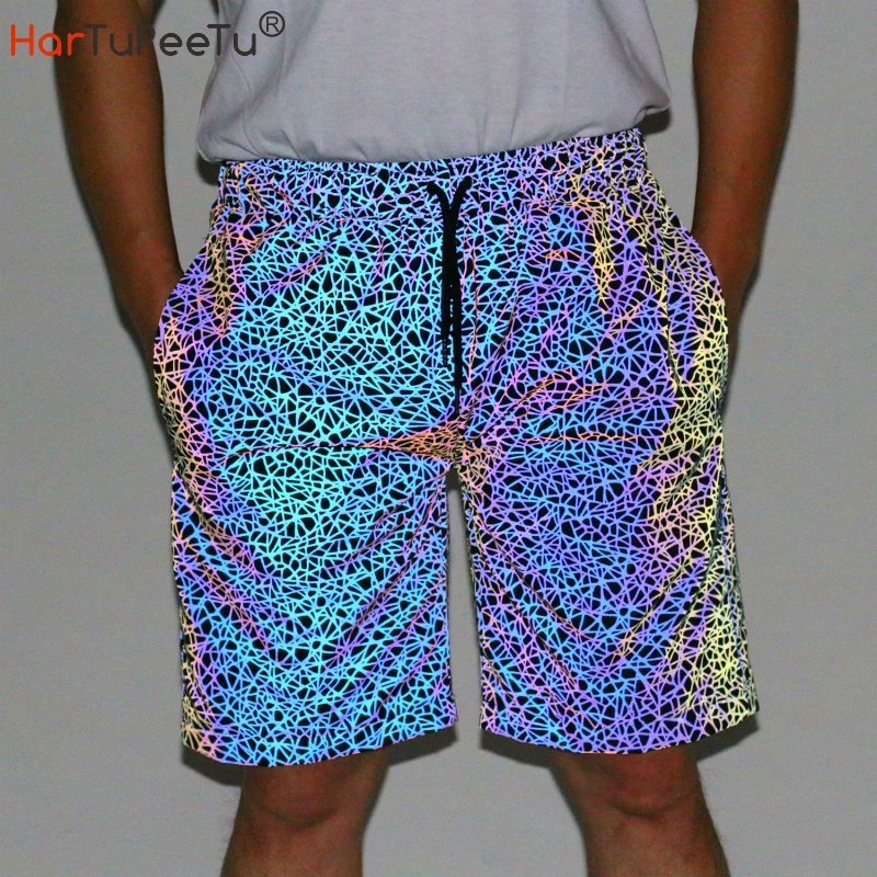 Knee Length Men Shorts Reflective Colourful Bird Nest Print Jogger Male Hot Summer Shorts Night Run Dance Party with Mesh Lining