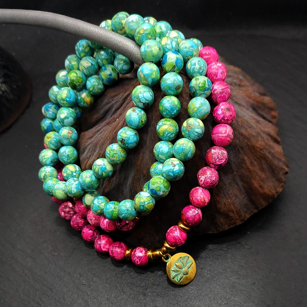 

Unisex Women Men Yoga 8mm 108 Beads Bracelet color turquoise Buddhist Buddha Prayer Beaded Lotus OM Bracelet Necklace Rosary