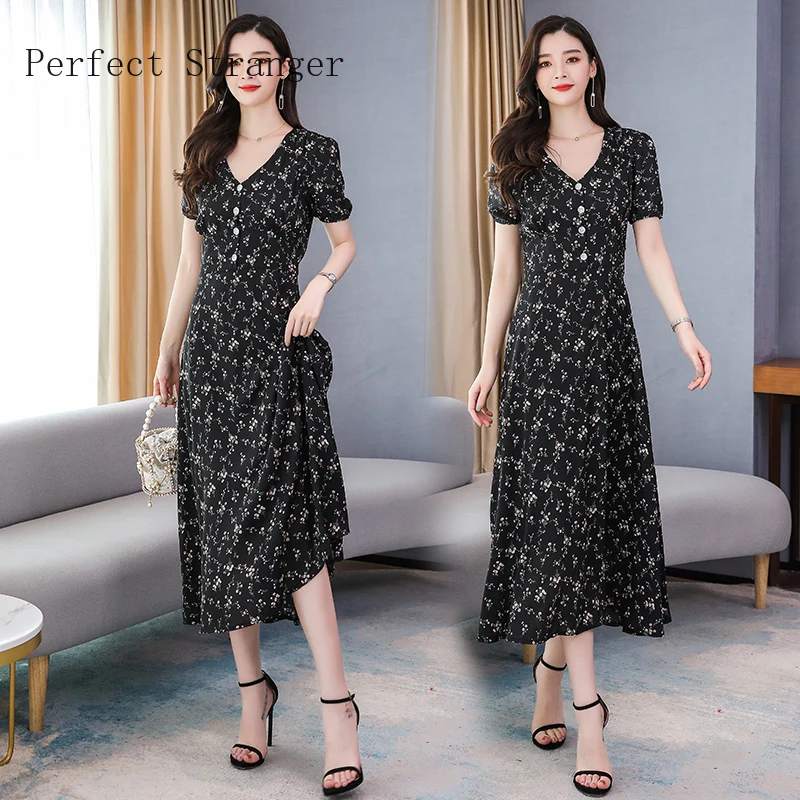 

2020 Summer New Arrival Hot Sale Short Sleeve V Collar Printed Women Chiffon Long Dress
