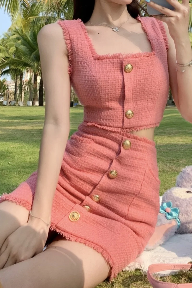 

Sexy 2021 Women Two Piece Crop Top And Skirt Set Skirts Pink Korean Gothic new style mori girl Office Suit Y2K Elegant clothes