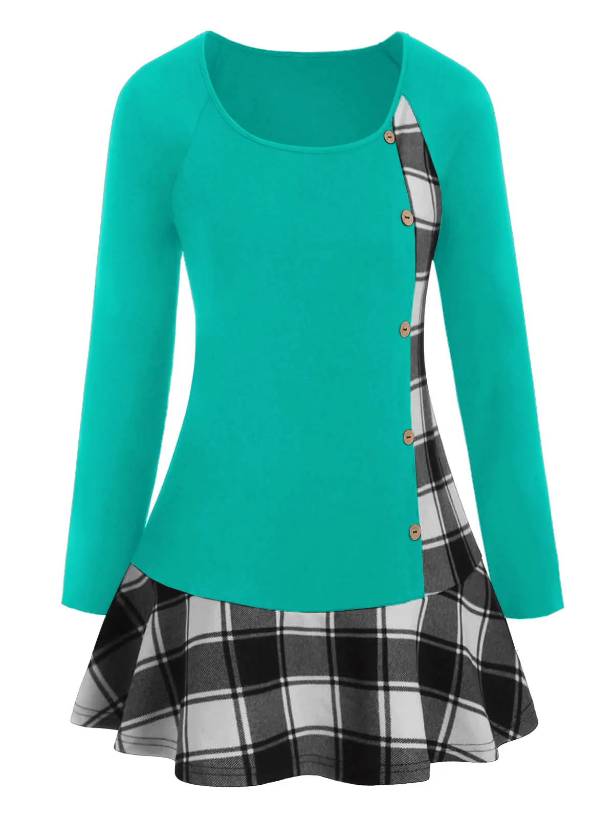ROSEGAL Plus Size Raglan Sleeve Plaid Flounced T-shirt Scoop Neck Button Women Tops 2019 Classic Vintage Tees Autumn | Женская одежда
